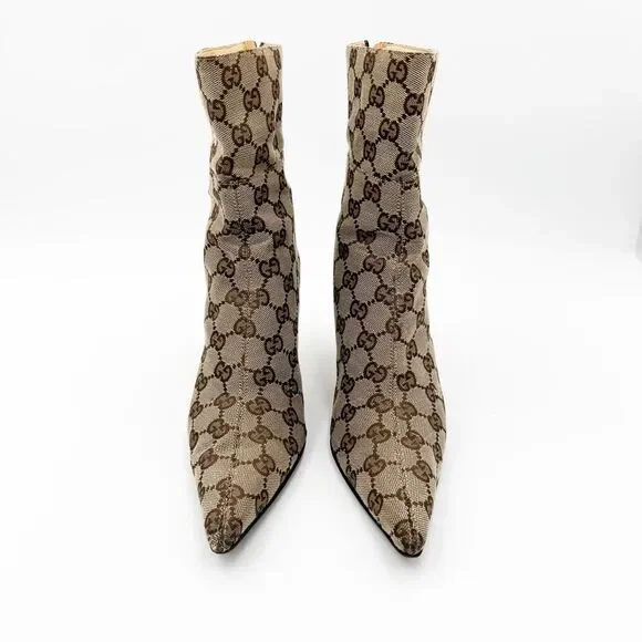 Gucci GG Canvas Ankle Boots Pointed Toe Heels Size 6.5 - Picture 2 of 12